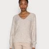 Cream MERLE V NECK Pullover Oat Melange Femme