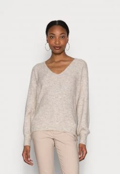 Cream MERLE V NECK Pullover Oat Melange Femme